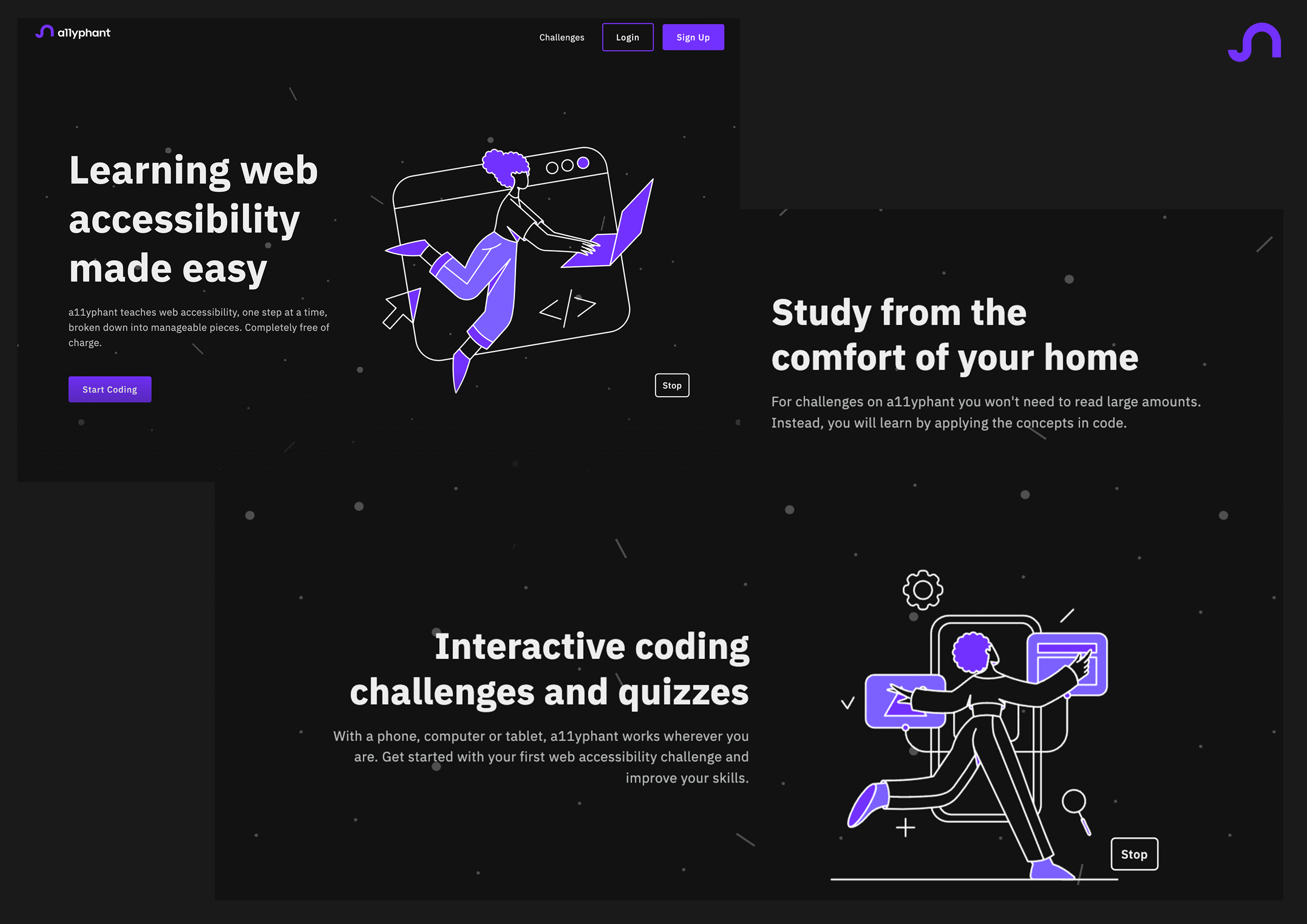 Illustrations of people coding along with a textual description of a11ypahnt's benefits, which are studying from the comfort of your home and interactive coding challenges and quizzes.