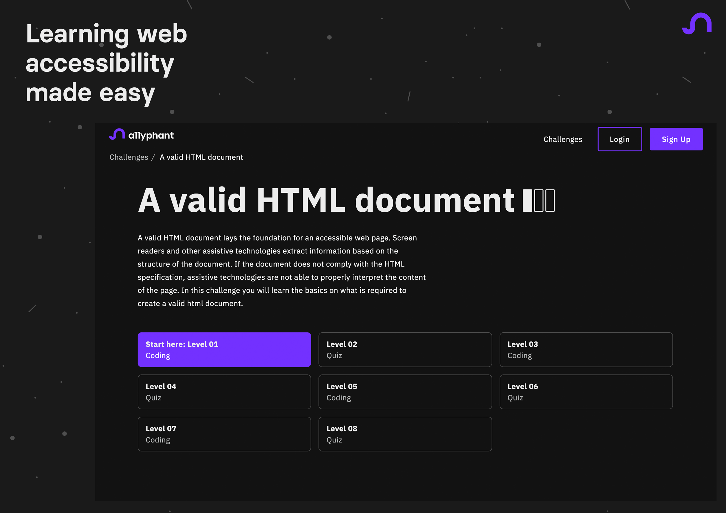 A screenshot of the a11yphant challenge page, displaying all possible quiz and coding levels to complete.