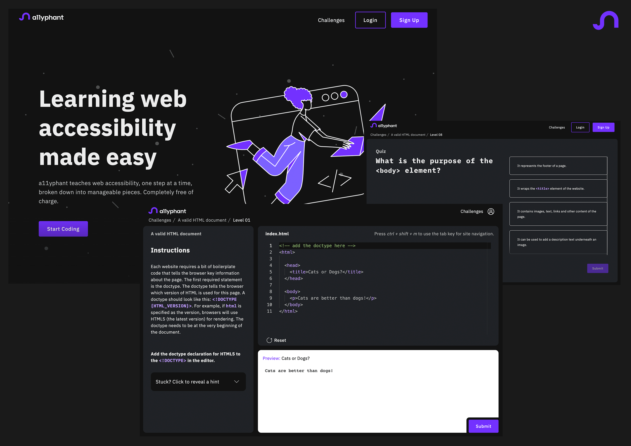 A screenshot compilation of the homepage, a quiz and a coding level on a11yphant. The homepage shows an illustration of a person coding and the text `learning web accessibility made easy`. The quiz is multiple choice and the coding level consists of an instruction section, a code editor and a preview section to view the code one has just written.